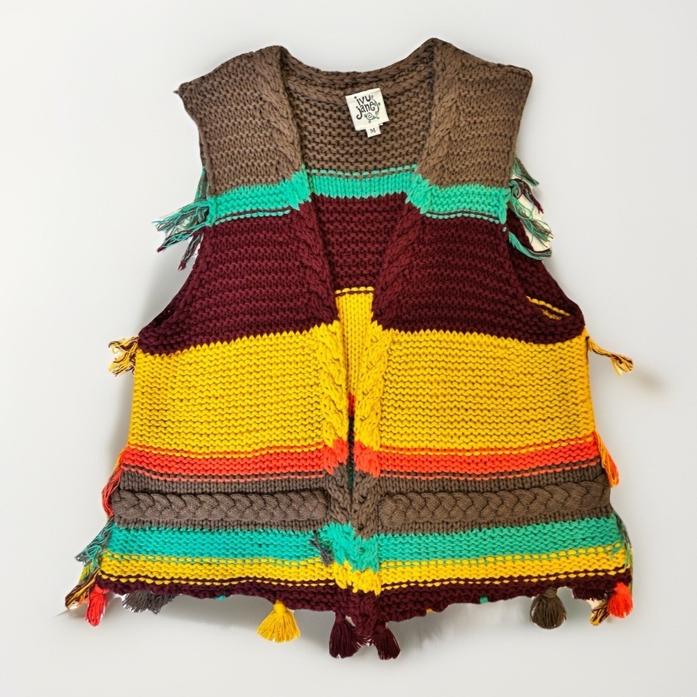 Ivy Jane SZ M Cotton Western Boho MultiColor Fringe Crop Open Sweater Vest‎ - Picture 2 of 10